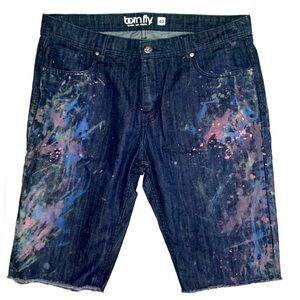 Born Fly Mens Denim Shorts Paint Splatter Style Size 40 Medium Wash 5 Pocket